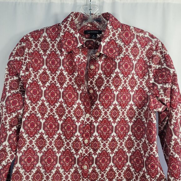 Lands' End No Iron Blouse Size 8 Red & White Paisley Supima Cotton - Picture 2 of 9